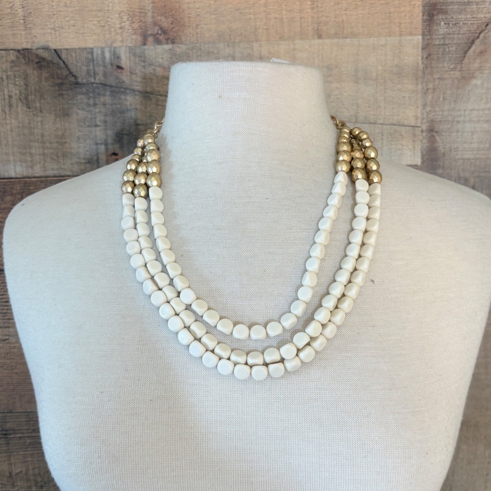 Plunder Design Cream Gold Multi Strand Beaded Necklace and Earring Set